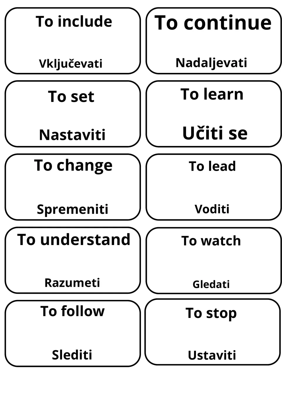 Flashcards for to include, to continue, to learn, to change, to understand and to stop with Učiti se, Razumeti, Ustaviti