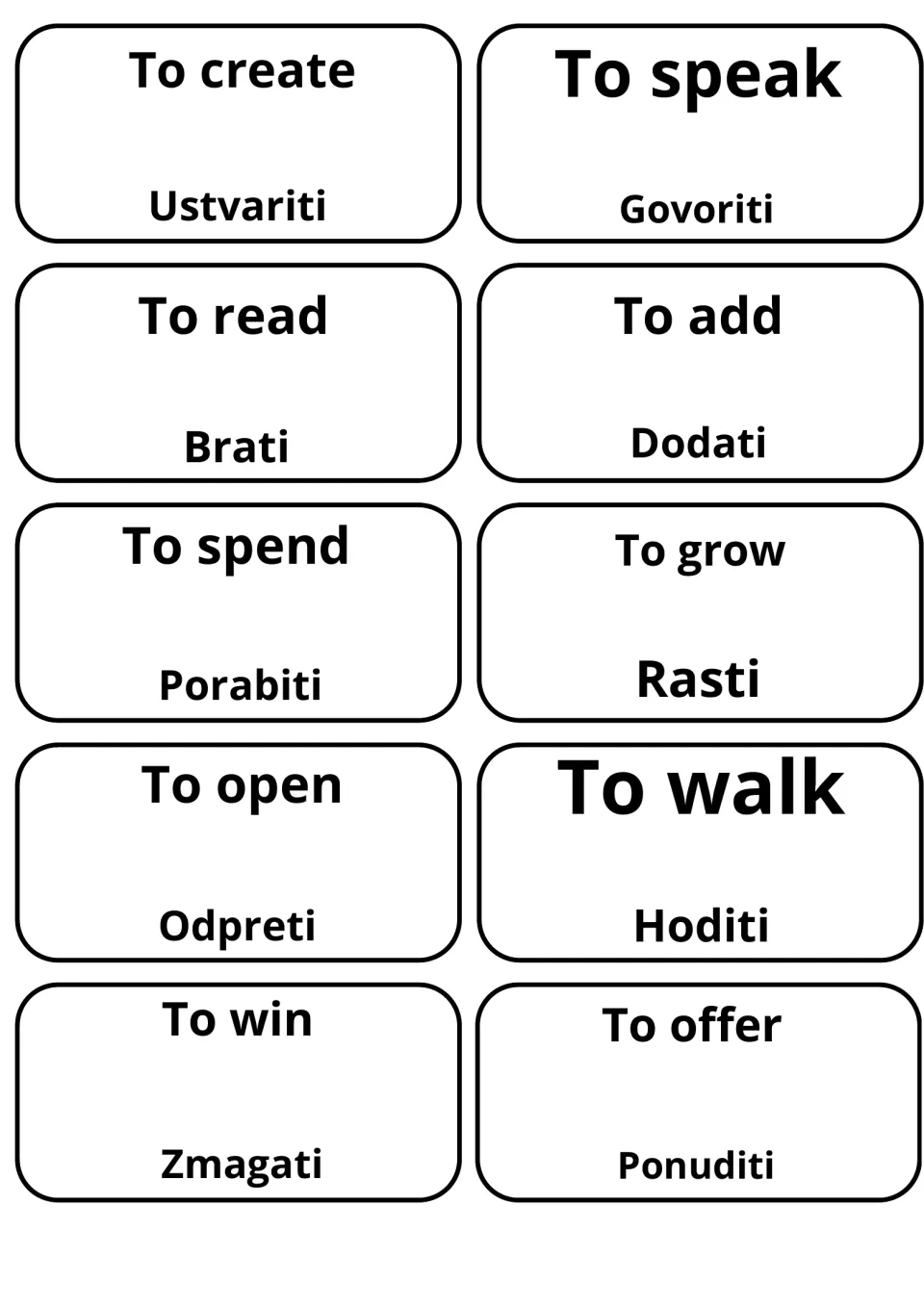 English verbs to create, to speak, to read, to grow, to walk and to win on cards with Ustvariti, Govoriti, Brati, Hoditi