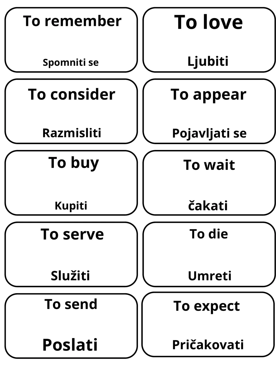 Cards translating to remember, to love, to buy, to send and to expect as Spomniti se, Ljubiti, Kupiti, Pričakovati