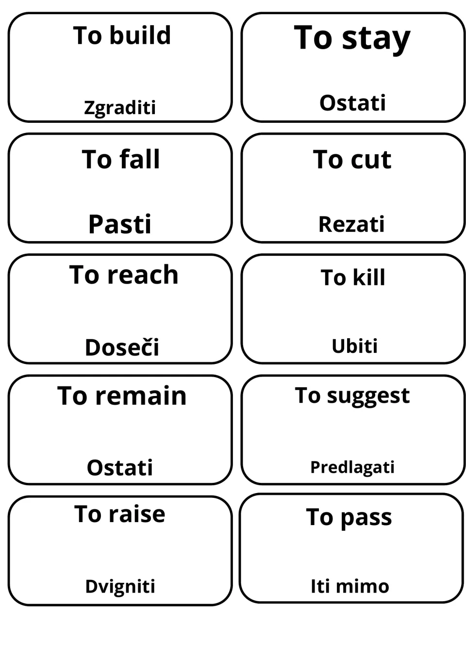 Slovene for to build, to stay, to fall, to cut, to reach and to pass: Zgraditi, Ostati, Pasti, Rezati, Doseči, Iti mimo