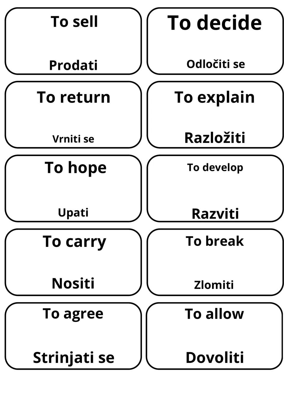 Cards for to sell, to decide, to return, to explain, to carry and to agree with Prodati, Razložiti, Strinjati se