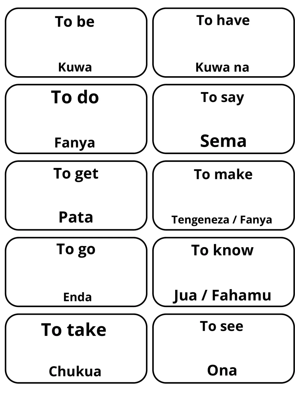 English-Swahili verb flashcards pairing to be, to have, to do, to go and to know with Kuwa, Kuwa na, Fanya, Enda and Jua