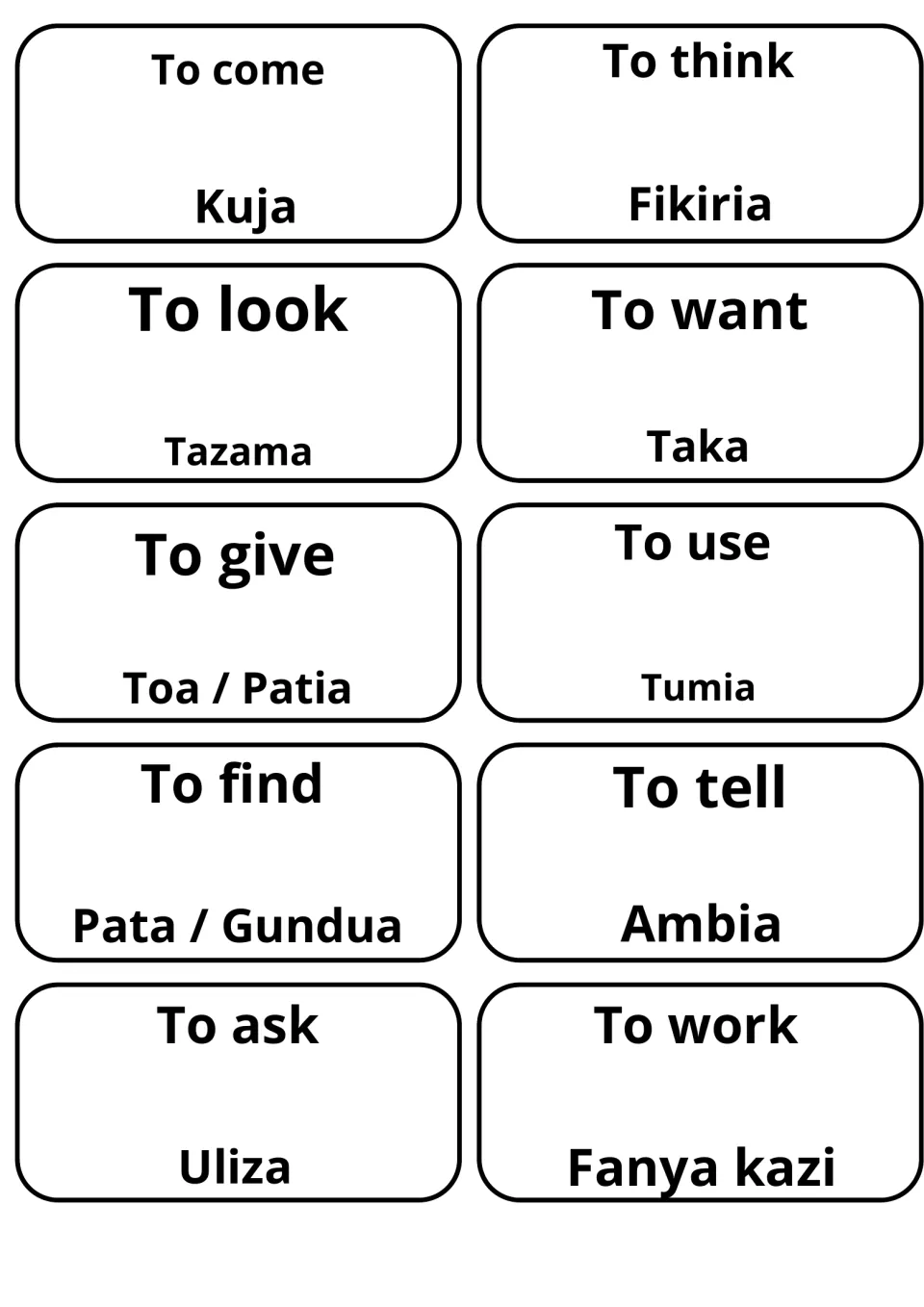 Swahili verb cards: to come, to think, to want, to give and to ask shown with Kuja, Fikiria, Taka, Toa / Patia and Uliza