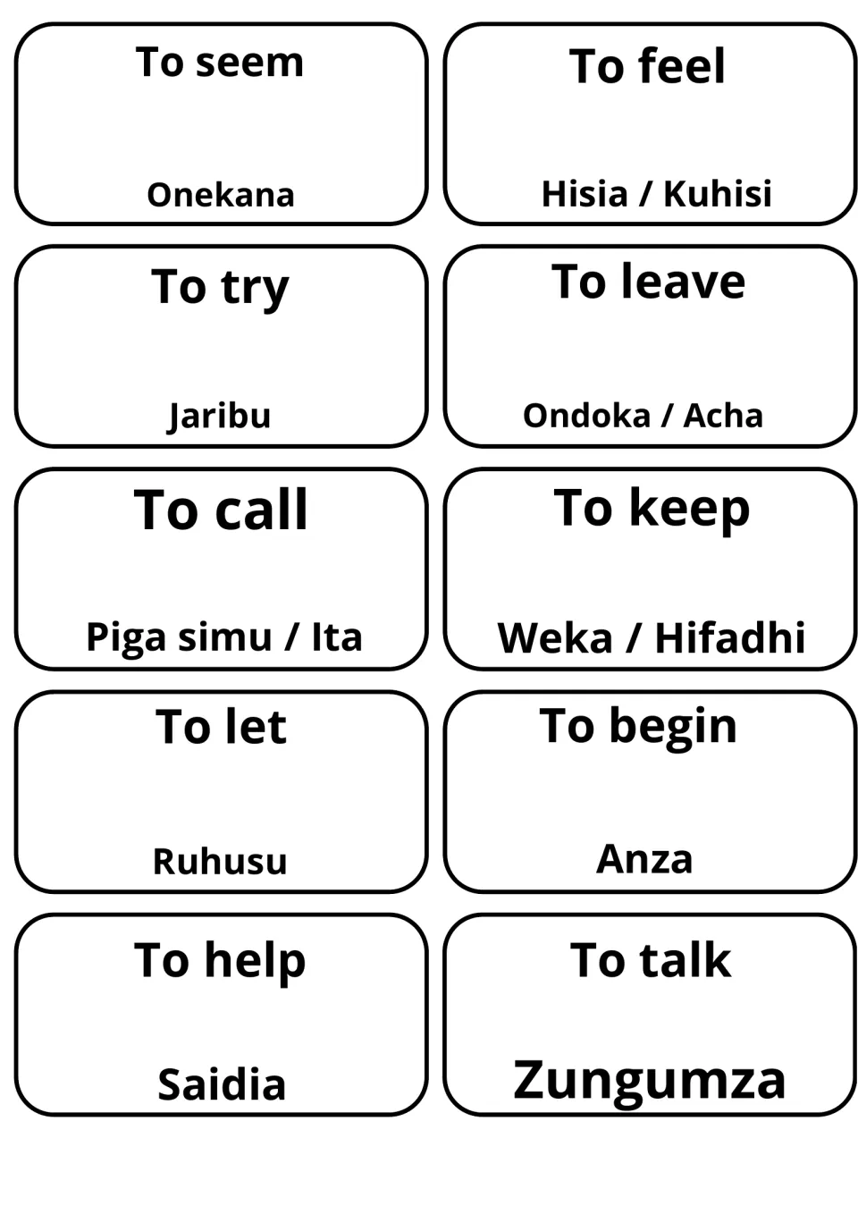 Verb flashcards for to seem, to try, to call and to help, matched to Swahili Onekana, Jaribu, Piga simu / Ita and Saidia