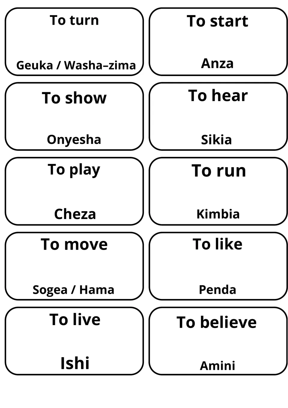 Action verb cards: to show, to hear, to play, to run and to live with Swahili Onyesha, Sikia, Cheza, Kimbia and Ishi