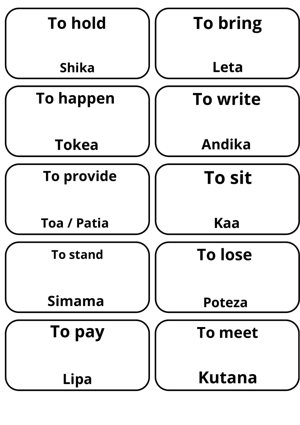 Swahili translations for to hold, to bring, to write, to sit and to pay: Shika, Leta, Andika, Kaa and Lipa on verb cards