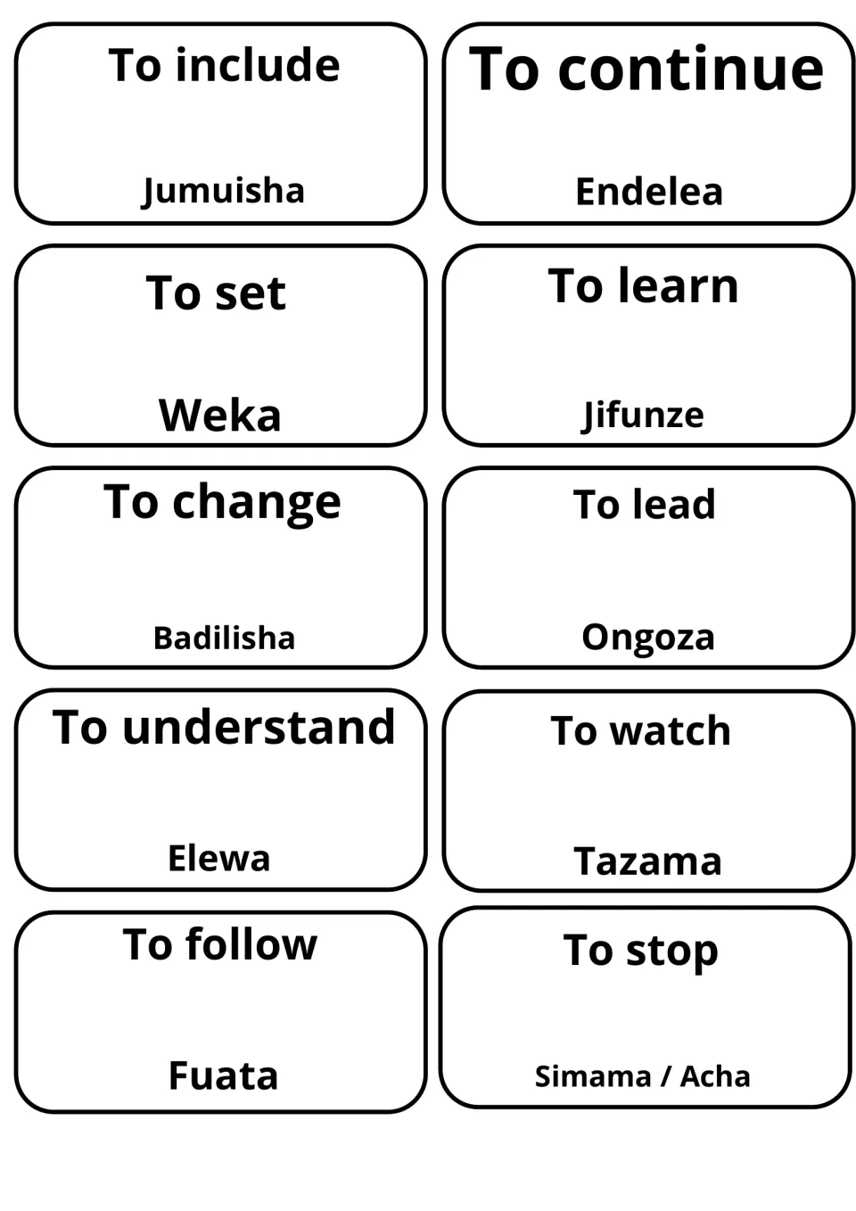 Verb vocabulary cards: to include, to learn, to change and to understand paired with Jumuisha, Jifunze, Badilisha, Elewa