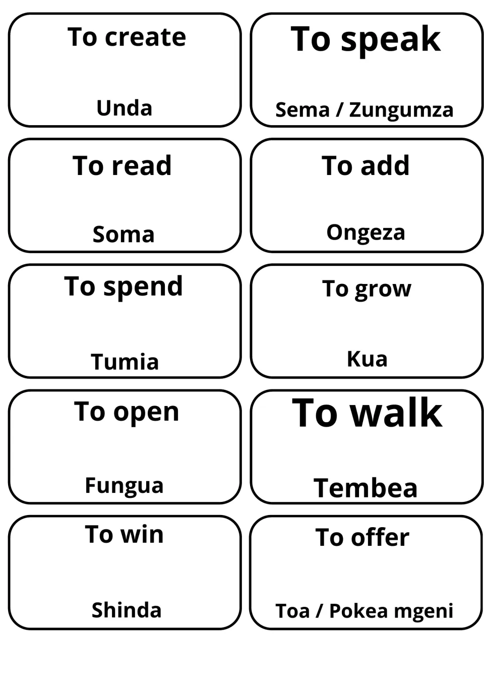 English verbs to create, to read, to open and to walk on flashcards with Swahili Unda, Soma, Fungua and Tembea