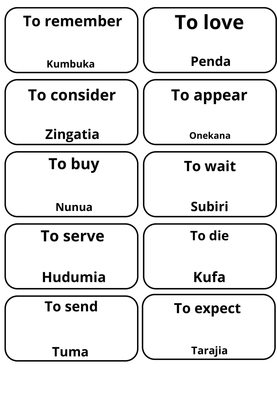 Flashcards for to remember, to love, to buy, to wait and to send with Swahili Kumbuka, Penda, Nunua, Subiri and Tuma