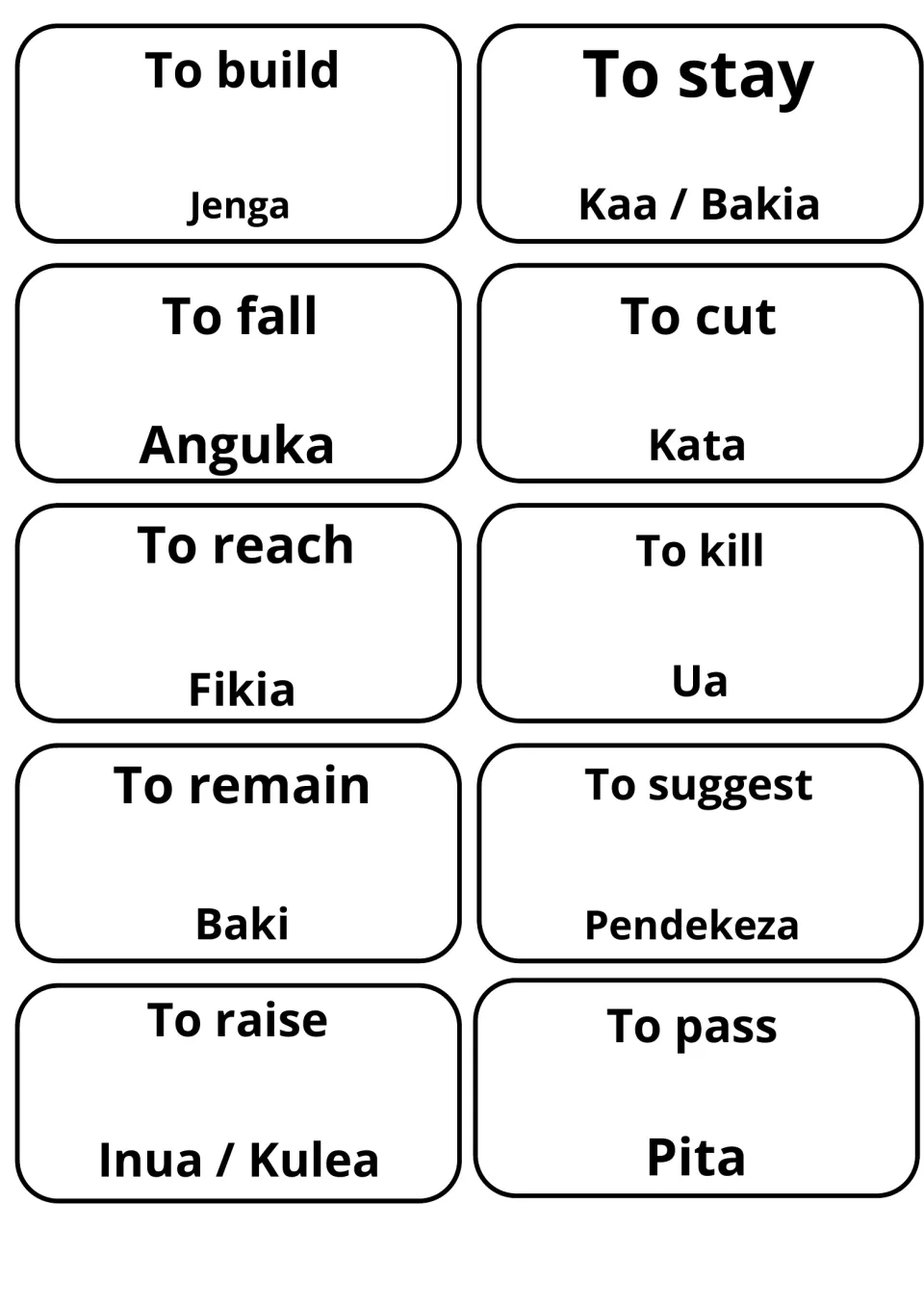 Verb cards matching to build, to stay, to fall, to cut and to suggest with Jenga, Kaa / Bakia, Anguka, Kata and Pendekeza