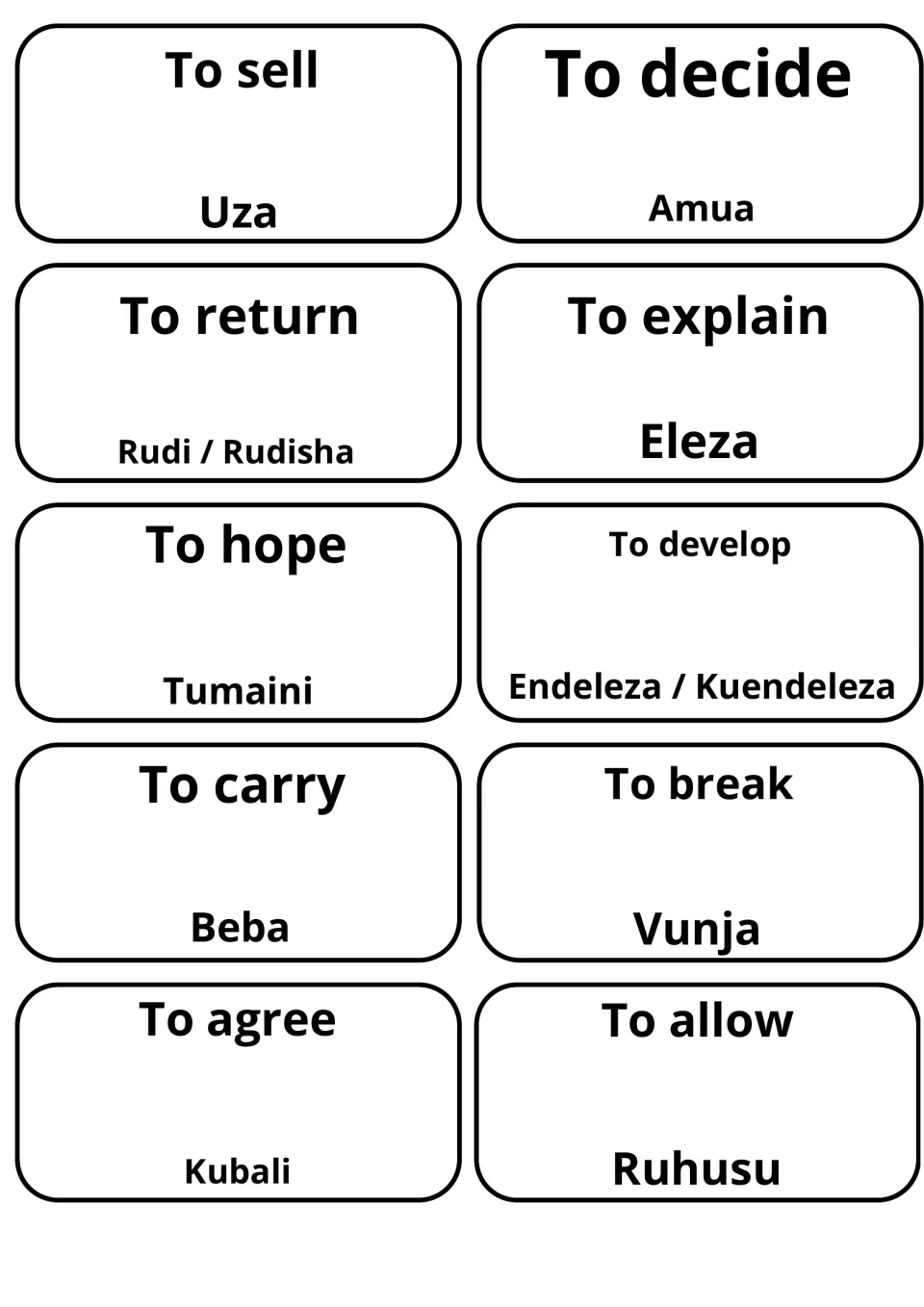 Verb set: to sell, to decide, to explain, to carry and to agree on cards with Swahili Uza, Amua, Eleza, Beba and Kubali