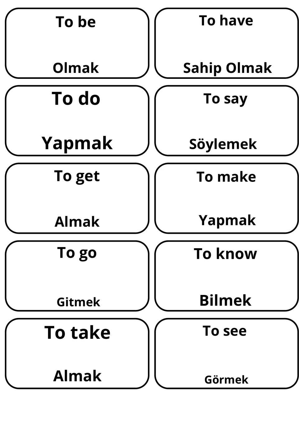 English-Turkish verb flashcards 1–10: olmak (to be), yapmak (to do), gitmek (to go) and seven more.