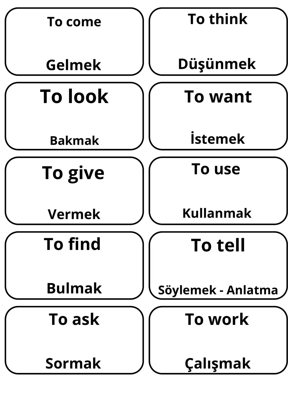 English-Turkish verb flashcards 11–20: gelmek (to come), bakmak (to look), vermek (to give) and seven more.
