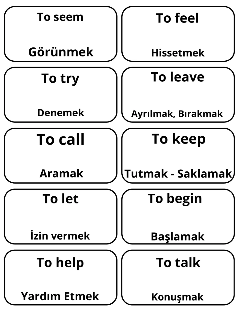 English-Turkish verb flashcards 21–30: denemek (to try), aramak (to call), konuşmak (to talk) and seven more.