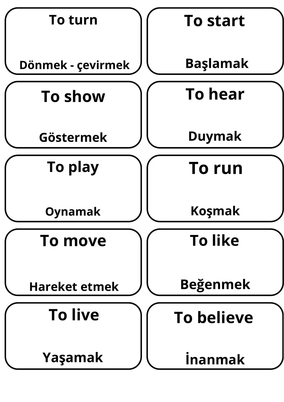 English-Turkish verb flashcards 31–40: duymak (to hear), oynamak (to play), koşmak (to run) and seven more.