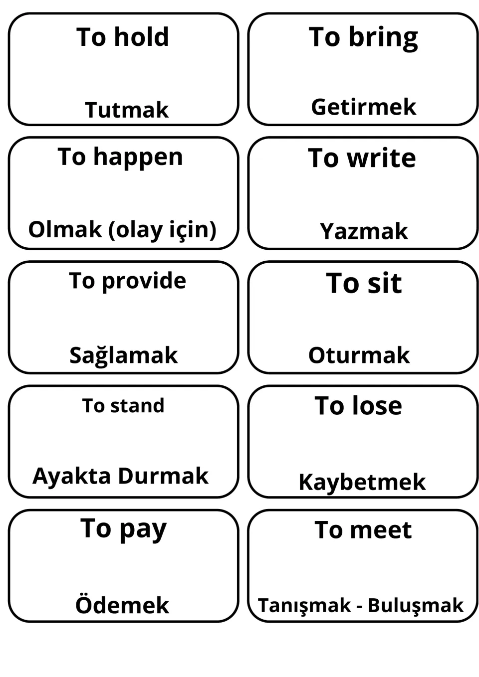 English-Turkish verb flashcards 41–50: tutmak (to hold), yazmak (to write), oturmak (to sit) and seven more.