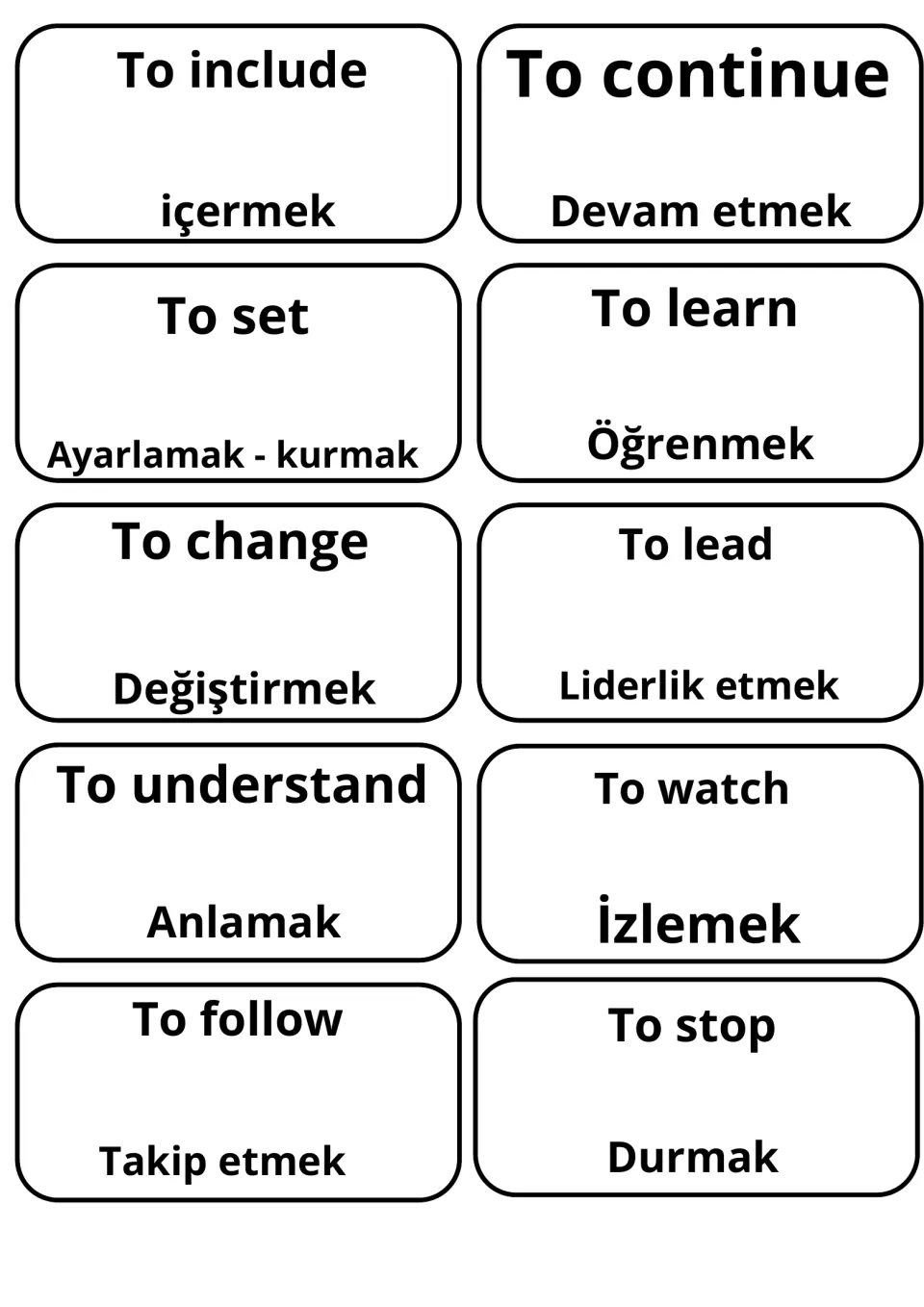 English-Turkish verb flashcards 51–60: öğrenmek (to learn), izlemek (to watch), durmak (to stop) and seven more.
