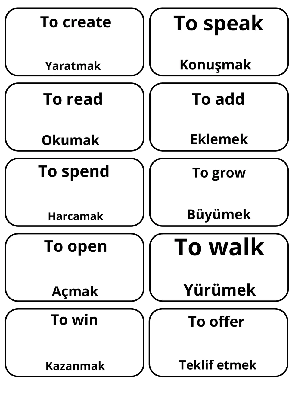 English-Turkish verb flashcards 61–70: okumak (to read), eklemek (to add), açmak (to open) and seven more.