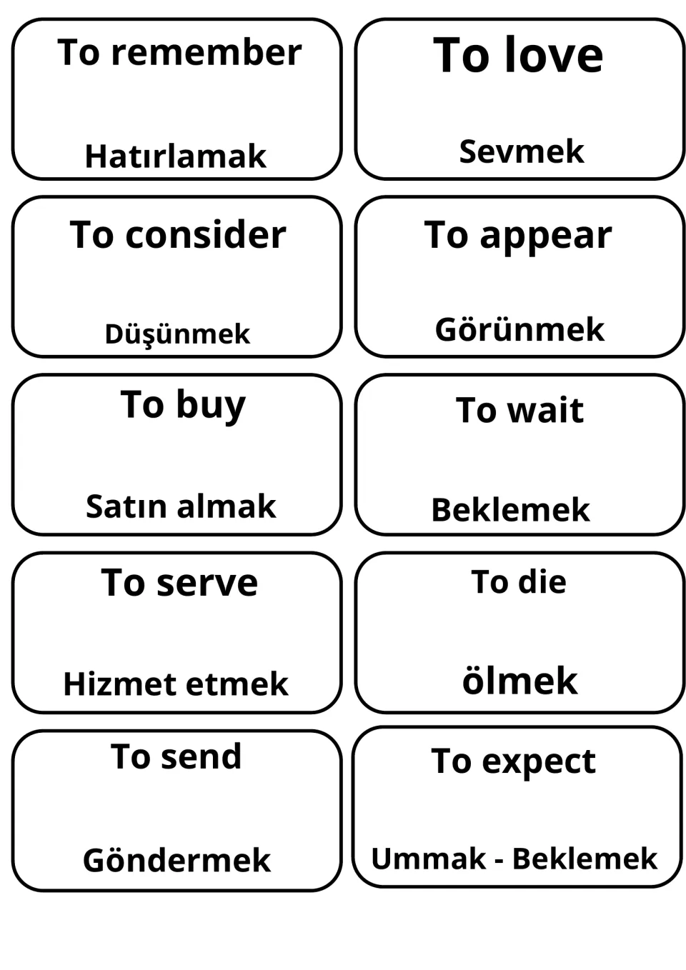 English-Turkish verb flashcards 71–80: sevmek (to love), beklemek (to wait), ölmek (to die) and seven more.