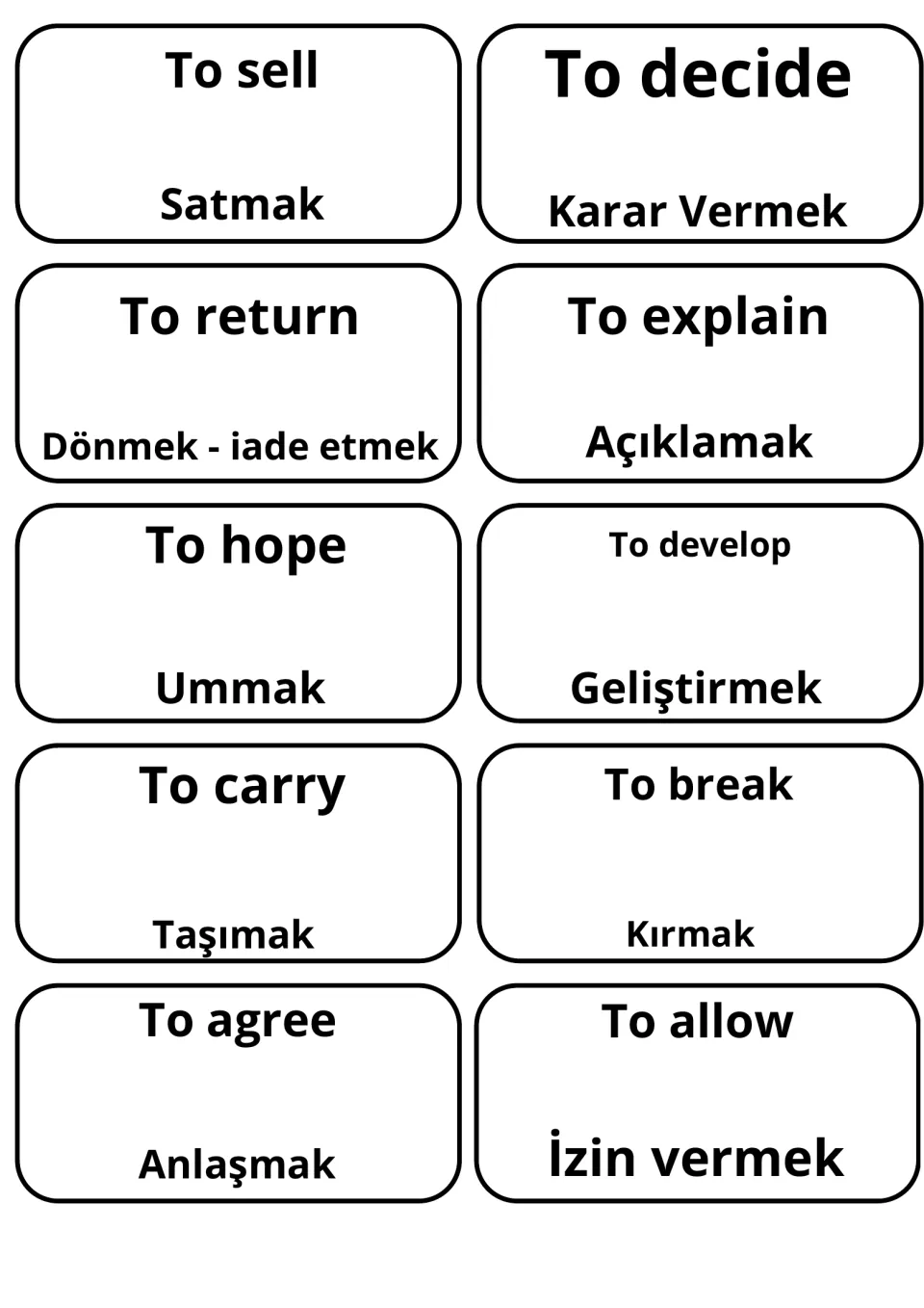 English-Turkish verb flashcards 91–100: satmak (to sell), ummak (to hope), kırmak (to break) and seven more.