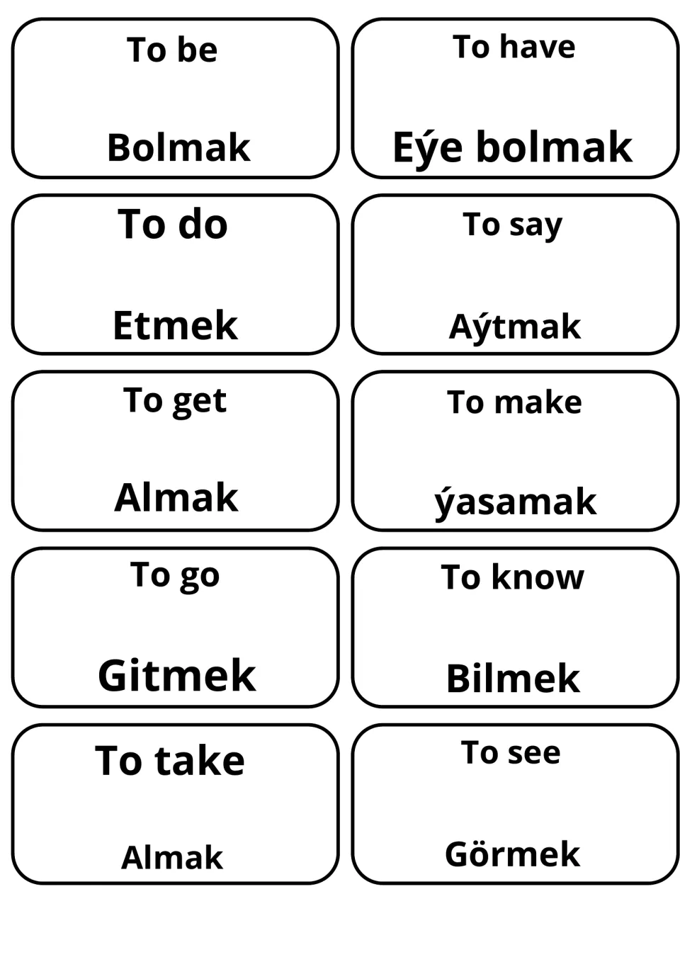 English-Turkmen verb flashcards: 10 cards pair to be, to have, to do, to go and to know with Turkmen such as Bolmak