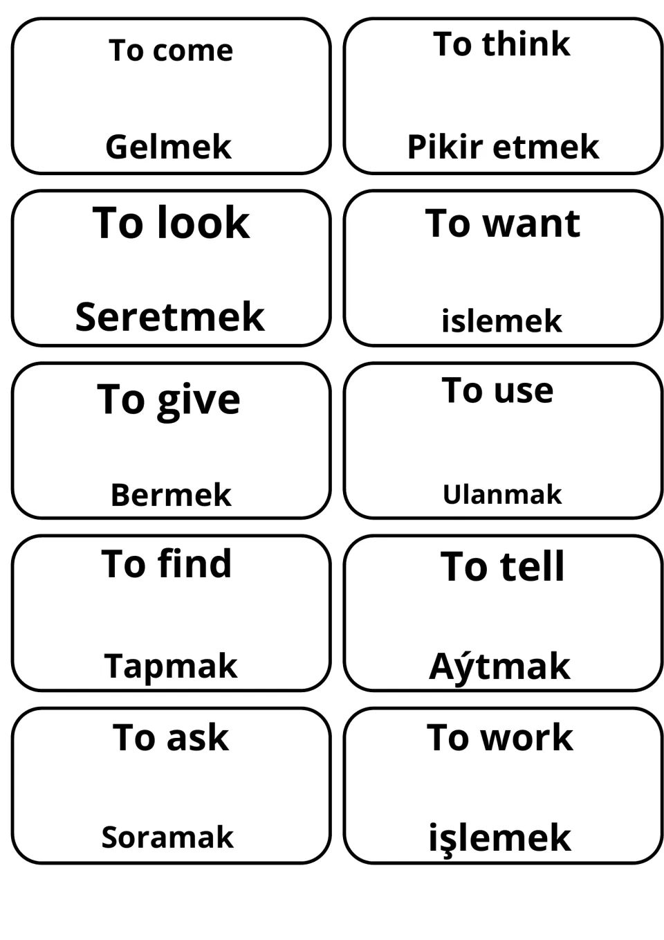 Turkmen verb cards for come, think, look, want, give, use, find, tell, ask and work, English above, Turkmen below
