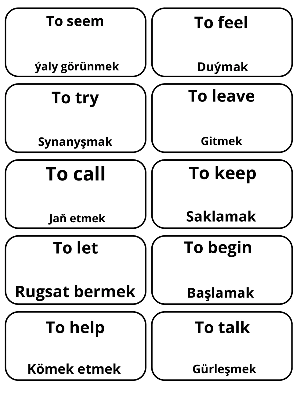 Vocabulary cards translating seem, feel, try, leave, call, keep, let, begin, help and talk into Turkmen, e.g. Duýmak