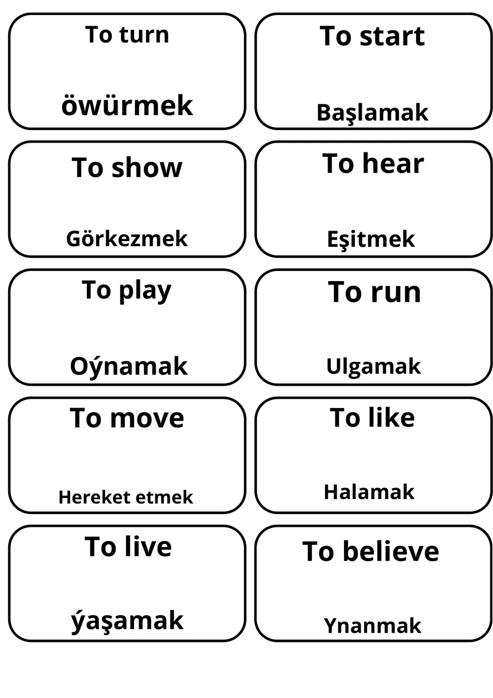 Verb flashcards for turn, start, show, hear, play, run, move, like, live and believe with Turkmen terms such as Ynanmak