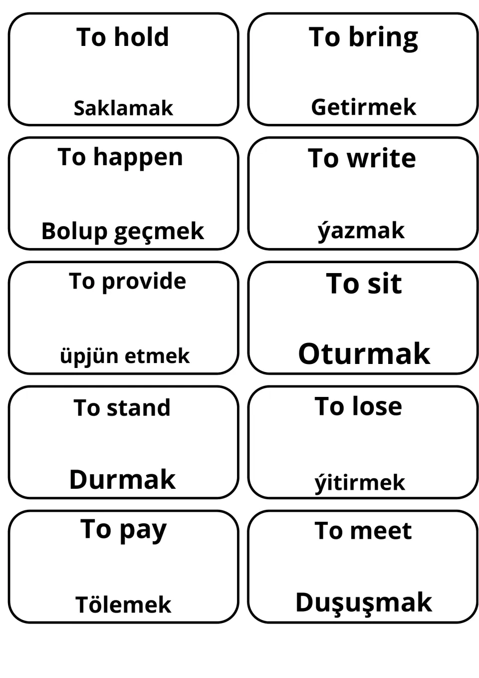 English-to-Turkmen cards for hold, bring, happen, write, provide, sit, stand, lose, pay and meet, e.g. To sit: Oturmak