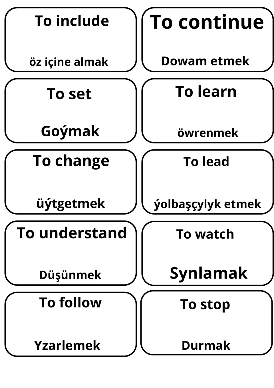 Turkmen translations on 10 verb cards: include, continue, set, learn, change, lead, understand, watch, follow and stop