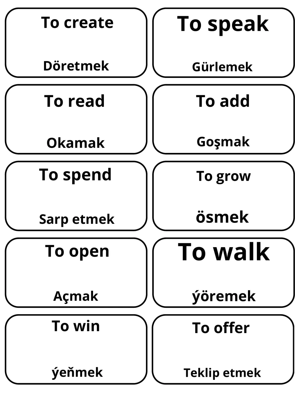 Verb vocabulary cards for create, speak, read, add, spend, grow, open, walk, win and offer, e.g. Okamak for read