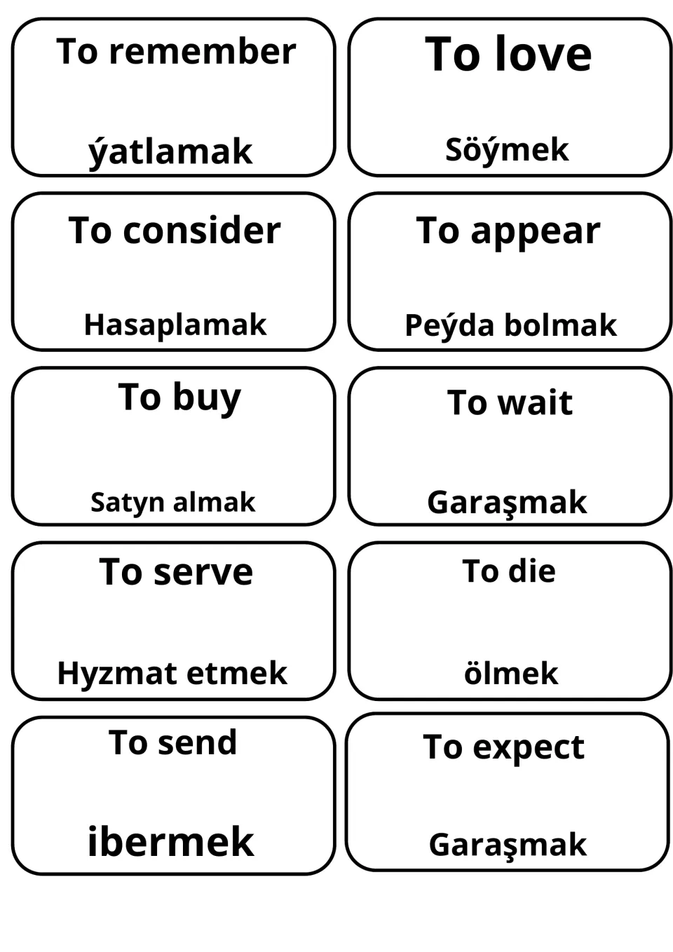 Cards matching remember, love, consider, appear, buy, wait, serve, die, send and expect with Turkmen such as Söýmek