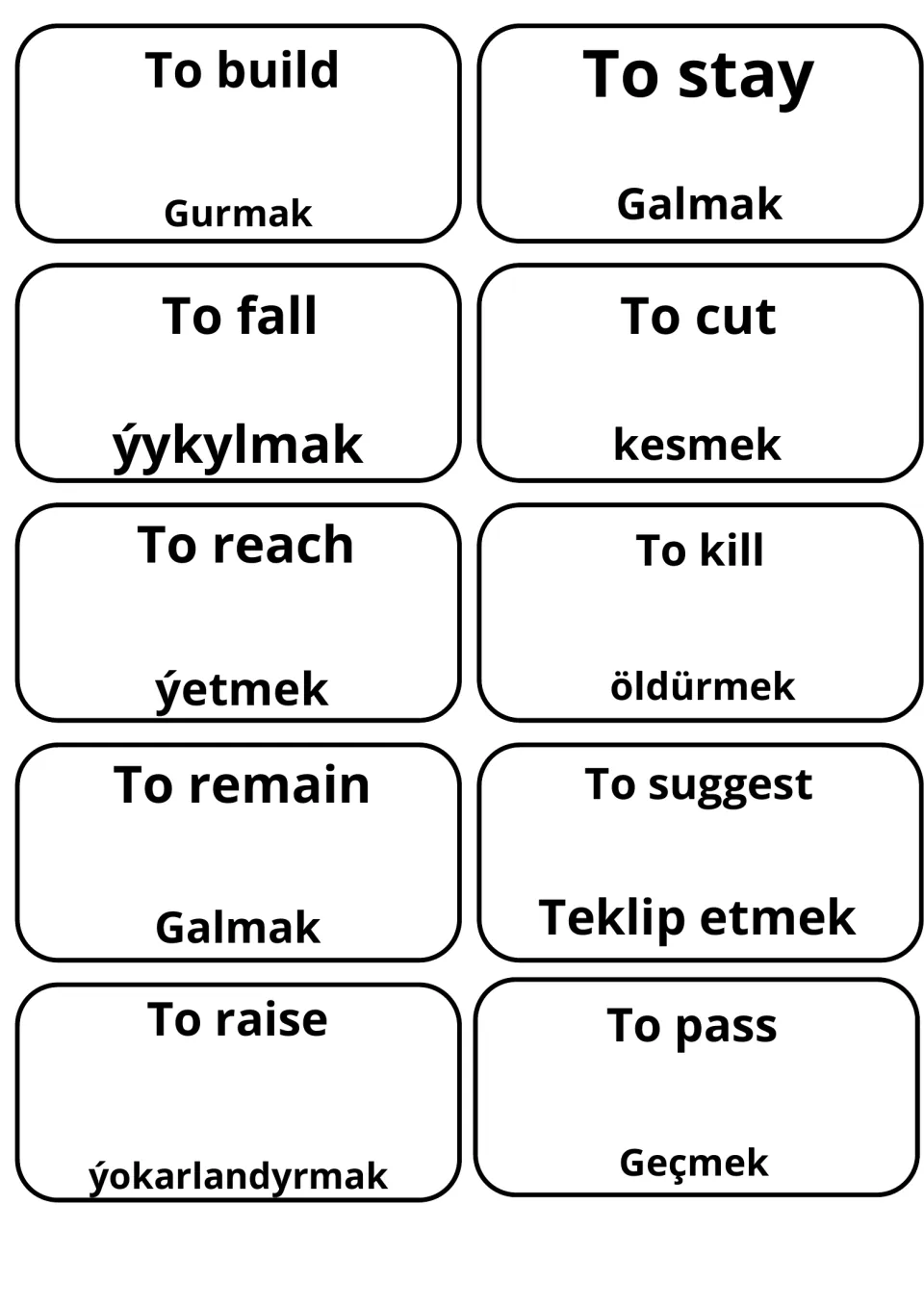 Translation cards for build, stay, fall, cut, reach, kill, remain, suggest, raise and pass, with Turkmen words like Gurmak
