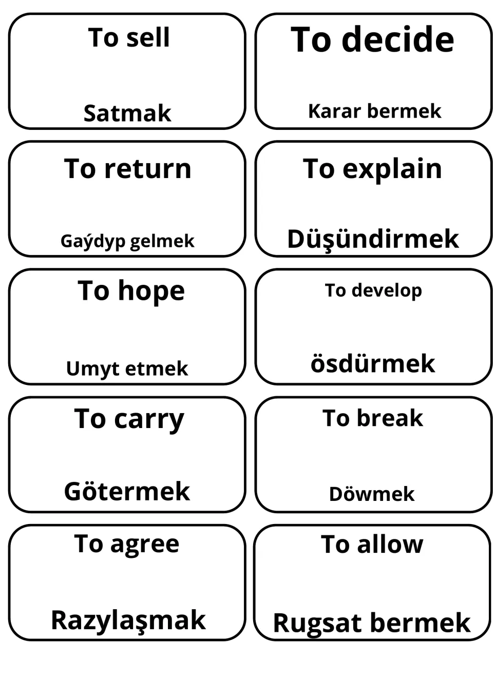 Verb card set: sell, decide, return, explain, hope, develop, carry, break, agree and allow, each with its Turkmen word
