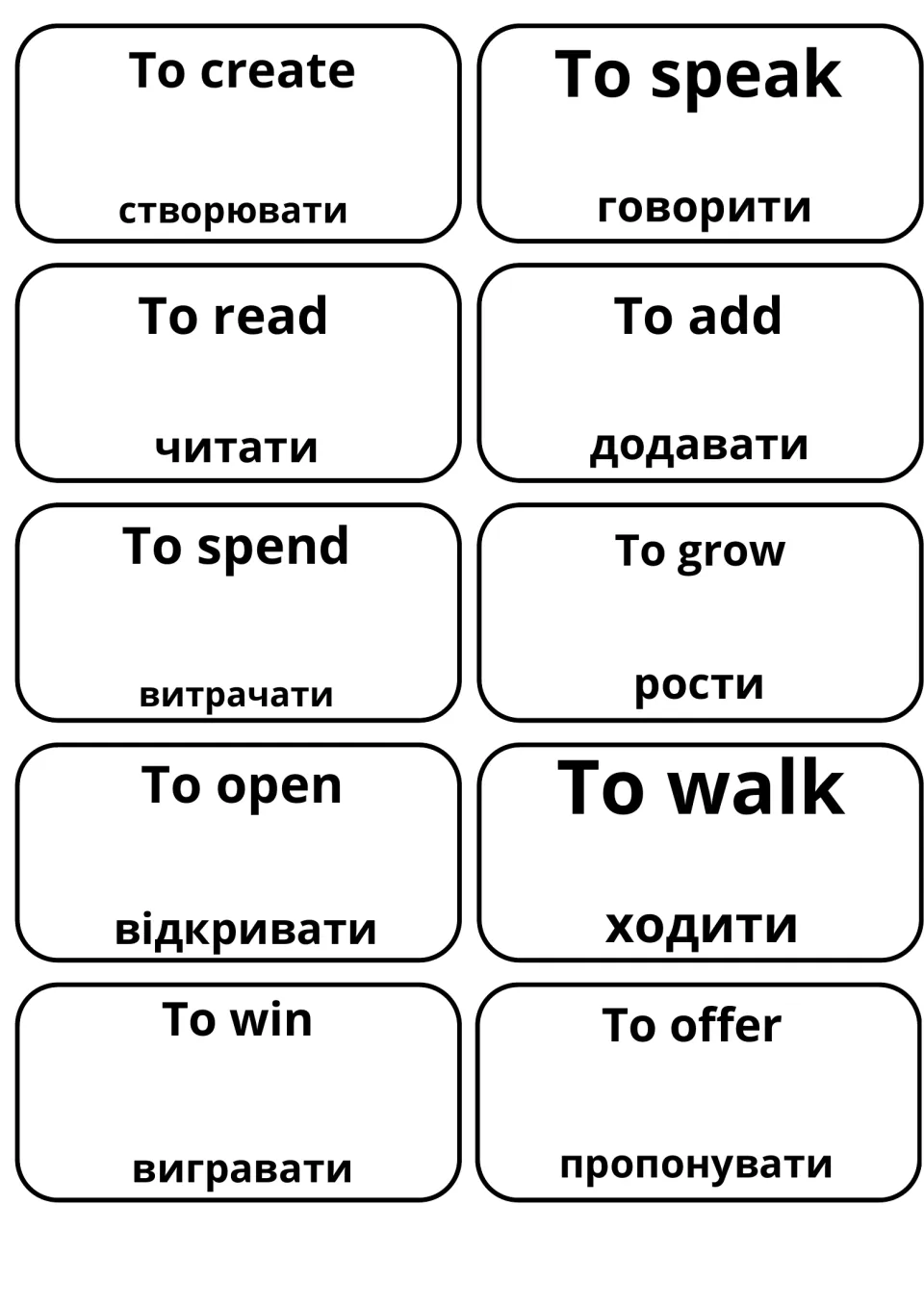 English-Ukrainian cards for to create, to speak, to read, to add, to spend, to grow, to open, to walk, to win and to offer