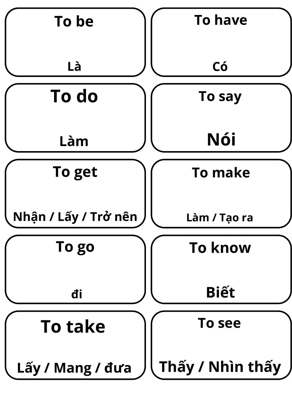 Verb flashcards in English and Vietnamese: 10 cards from to be (Là) and to have (Có) through to take and to see (Thấy)