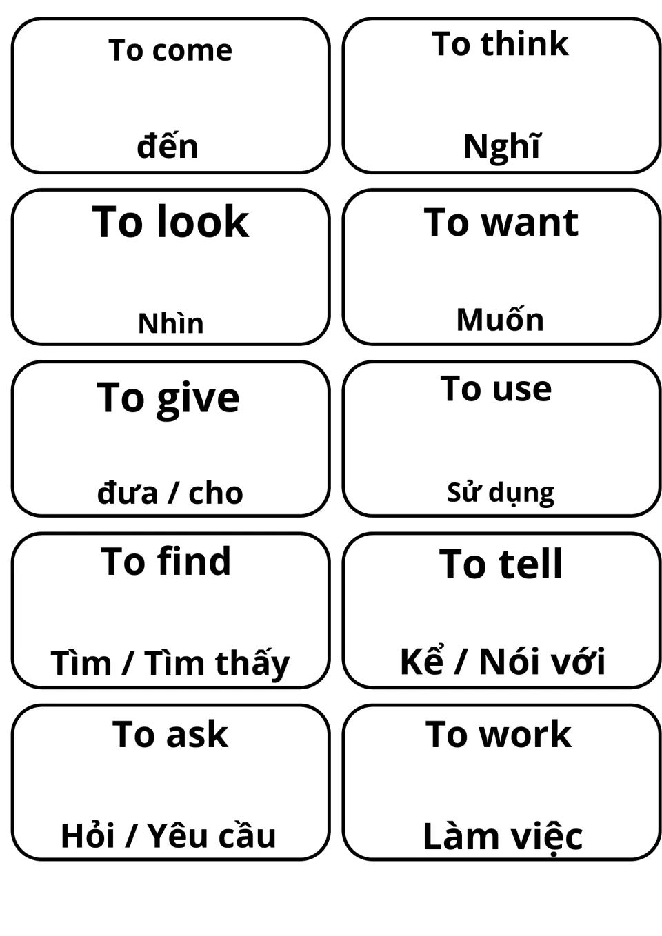 Vocabulary cards for 10 verbs, each English verb over its Vietnamese meaning: to come (đến), to think, to give, to ask