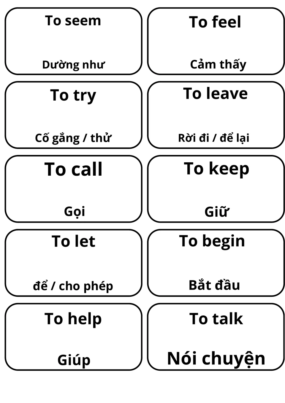 Ten English verb cards with Vietnamese translations, including to seem (Dường như), to feel, to try, to call and to help