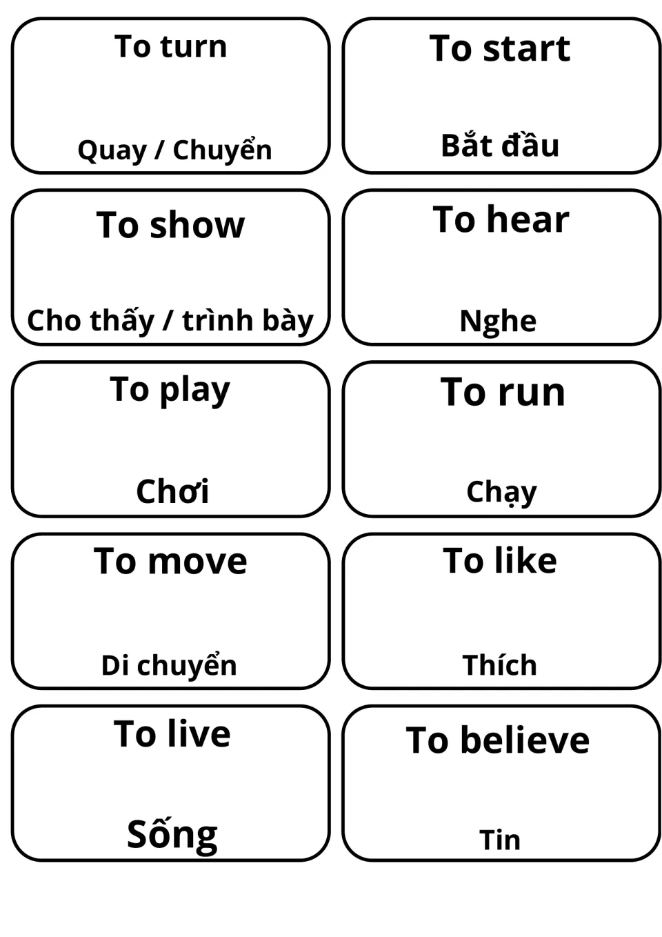 Verb cards pairing English and Vietnamese for to turn, to start, to show, to hear, to play, to run, to move, to live