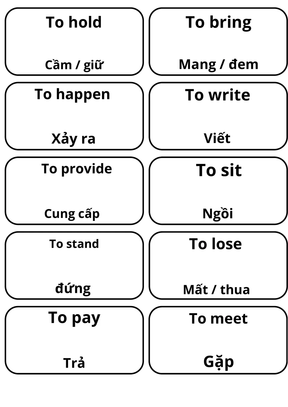 English-to-Vietnamese verb cards for to hold (Cầm / giữ), to bring, to happen, to write (Viết), to stand and to pay