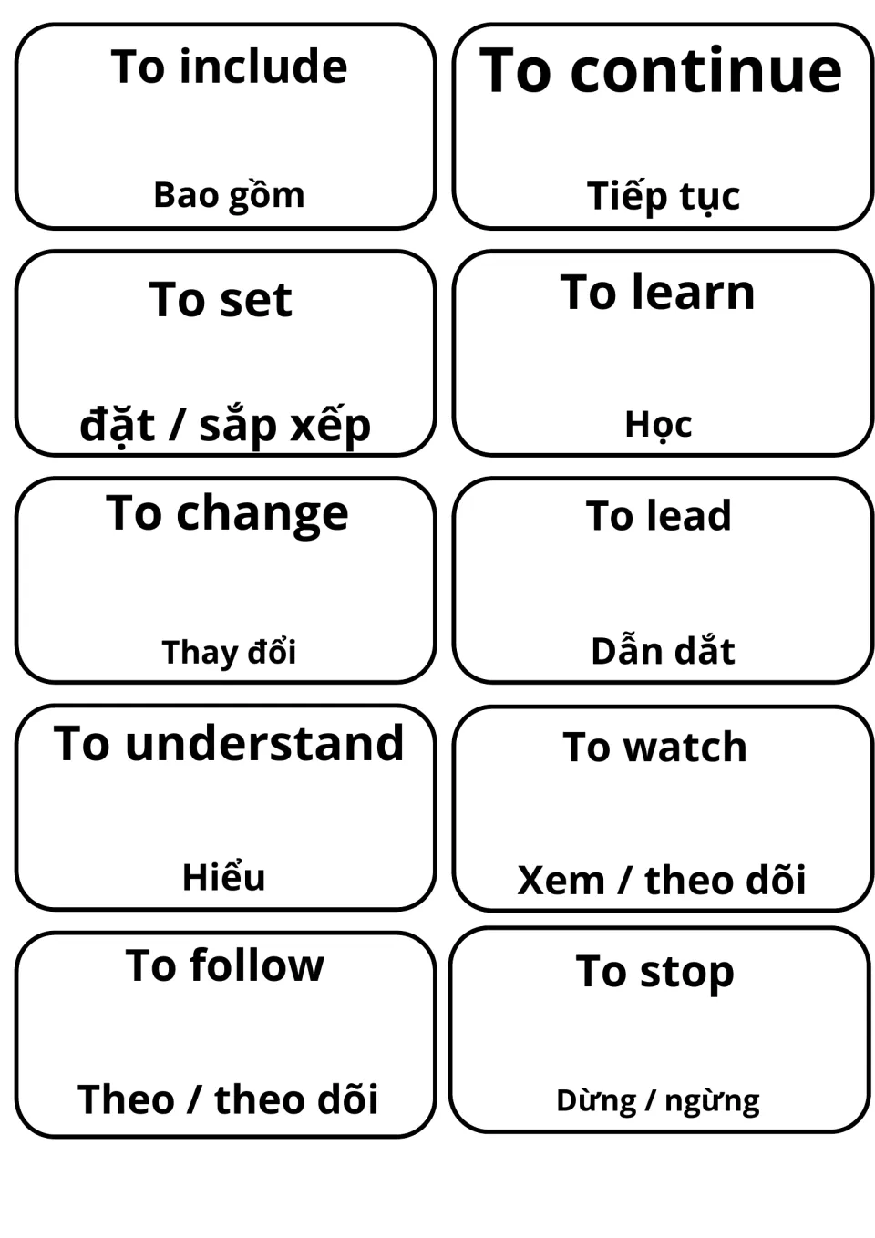 Ten verb cards with Vietnamese meanings: to include (Bao gồm), to continue, to learn (Học), to understand (Hiểu), to stop