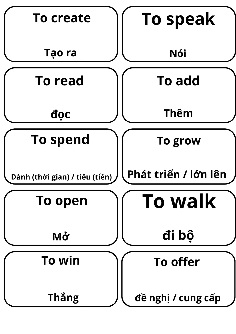 Bilingual cards for to create, to speak (Nói), to read (đọc), to spend, to grow, to open (Mở), to walk and to offer