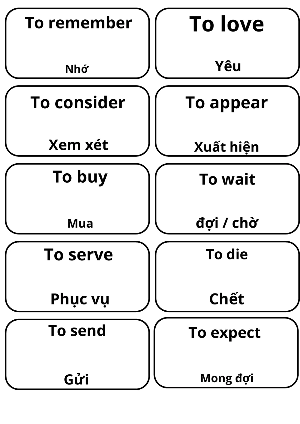 English verbs with Vietnamese translations on 10 cards: to remember (Nhớ), to love (Yêu), to buy (Mua), to send (Gửi)