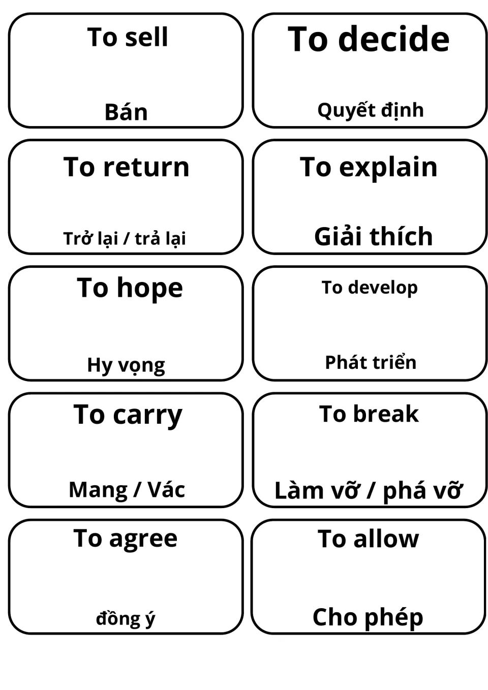 Final 10 verb cards in English and Vietnamese: to sell (Bán), to decide, to explain (Giải thích), to carry and to allow