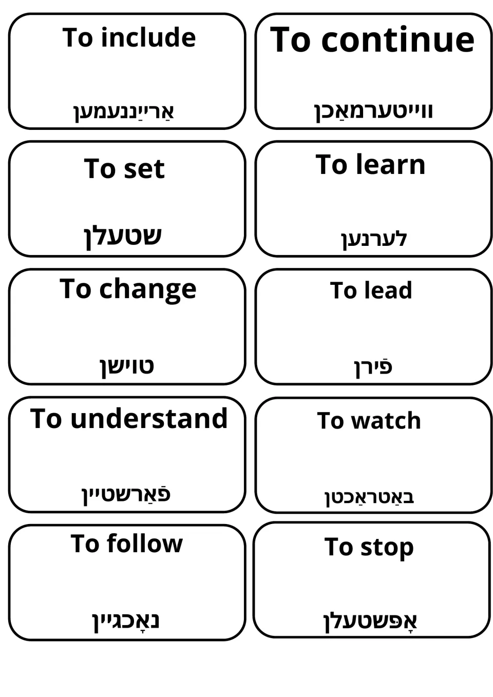 Verb set with include, continue, set, learn, change, lead, understand, watch, follow and stop translated into Yiddish
