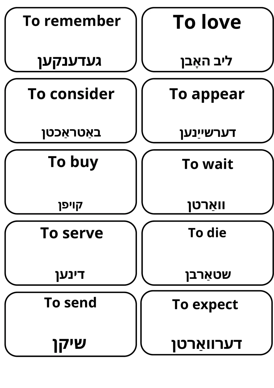 English to Yiddish cards for remember, love, consider, appear, buy, wait, serve, die, send and expect