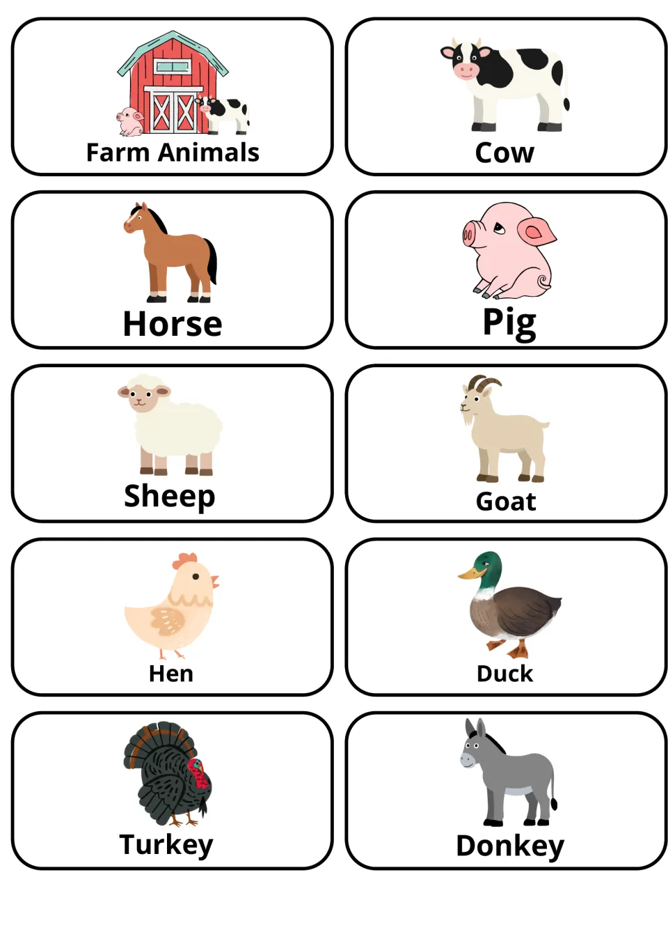 Farm Animals title card with picture cards for cow, horse, pig, sheep, goat, hen, duck, turkey and donkey to name aloud