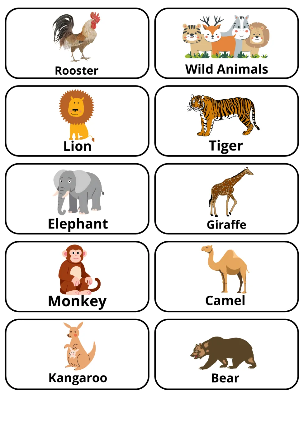 Wild Animals title card with lion, tiger, elephant, giraffe, monkey, camel, kangaroo and bear picture cards, plus a rooster