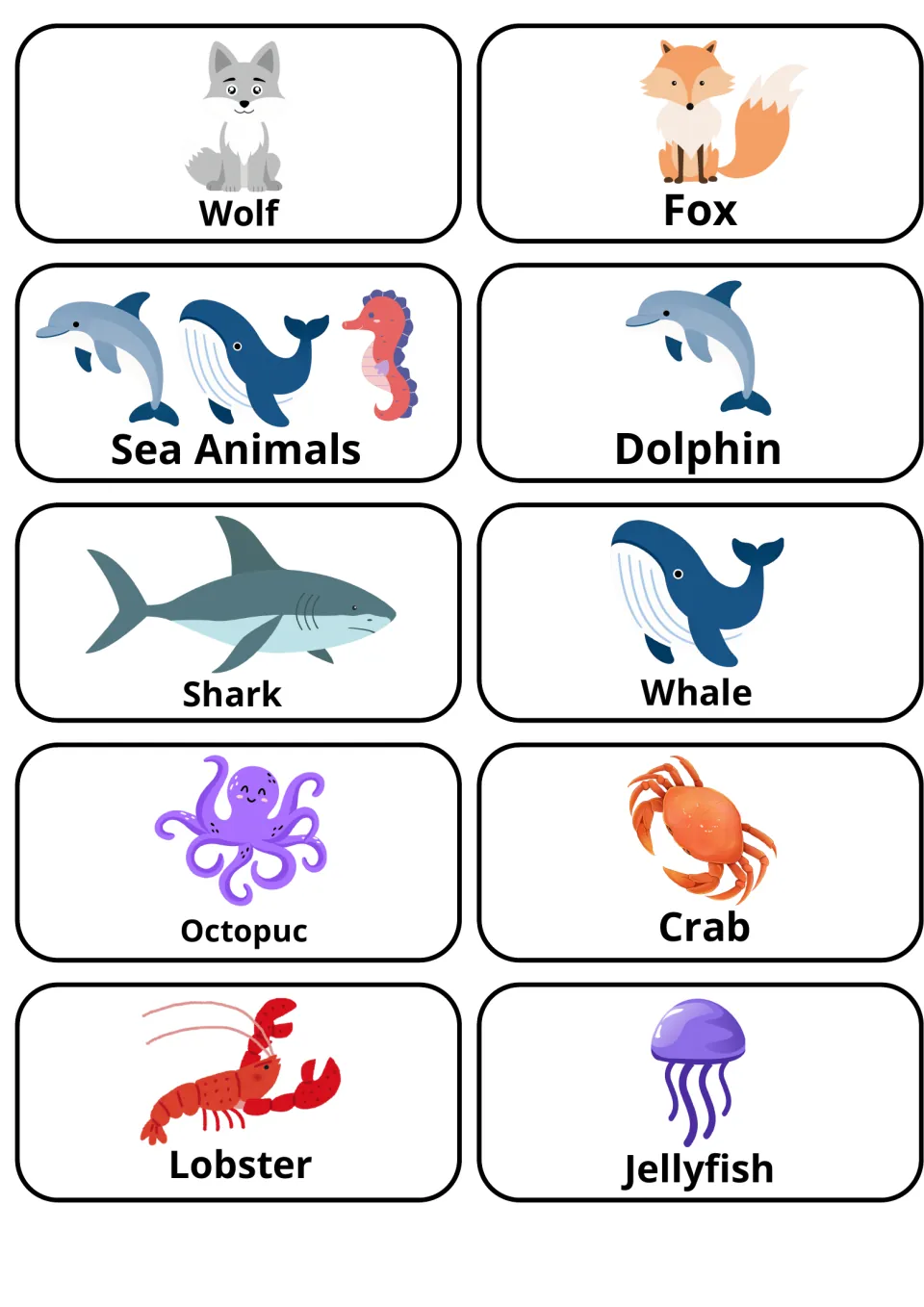 Sea Animals title card with dolphin, shark, whale, octopus, crab, lobster and jellyfish picture cards, plus wolf and fox