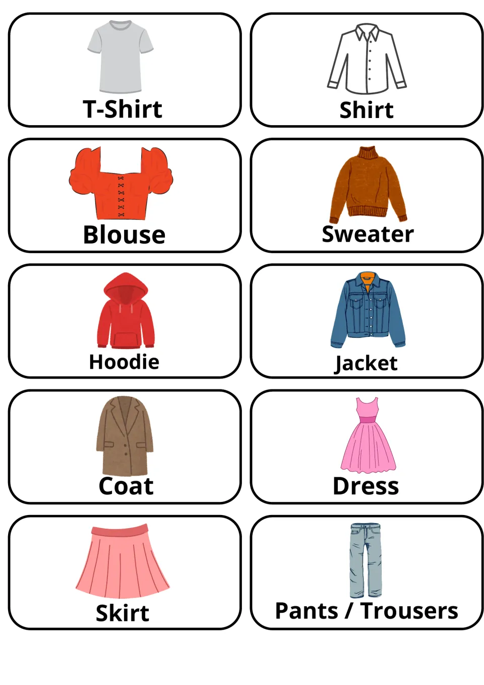 Clothing words: 10 picture flashcards for naming garments, including T-shirt, blouse, hoodie, coat, dress and trousers